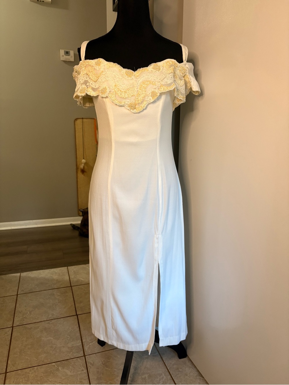 Off-Shoulder White Wedding Dress with Scalloped Lace Trim
